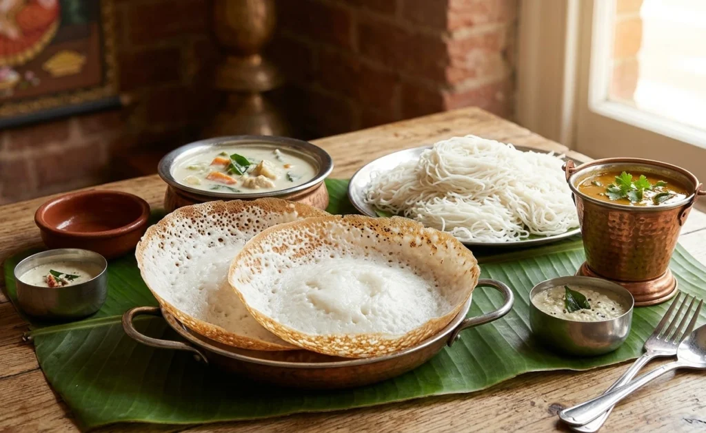 A spread of Authentic Appam & Idiyappam in Wembley served on a banana leaf with vegetable stew, sambar, and coconut chutney in traditional copper bowls.