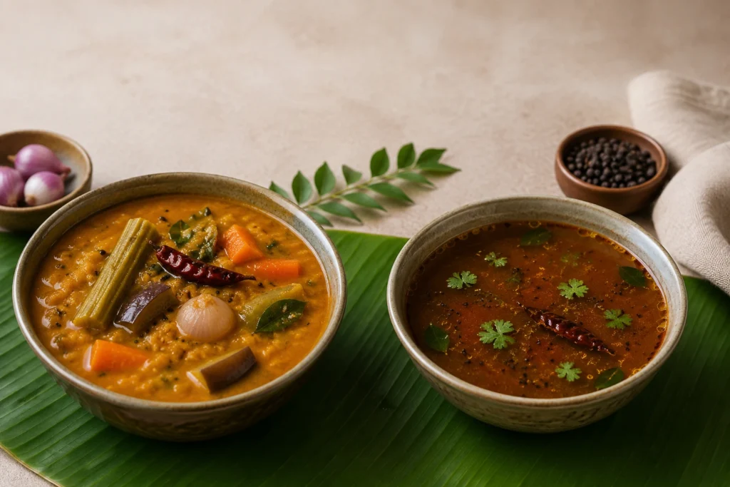 Sambar and rasam served in bowls on a banana leaf showing the difference between thick lentil sambar and thin peppery rasam