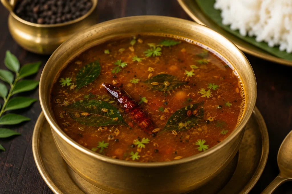 Hot peppery rasam soup with curry leaves and mustard seeds South Indian style 