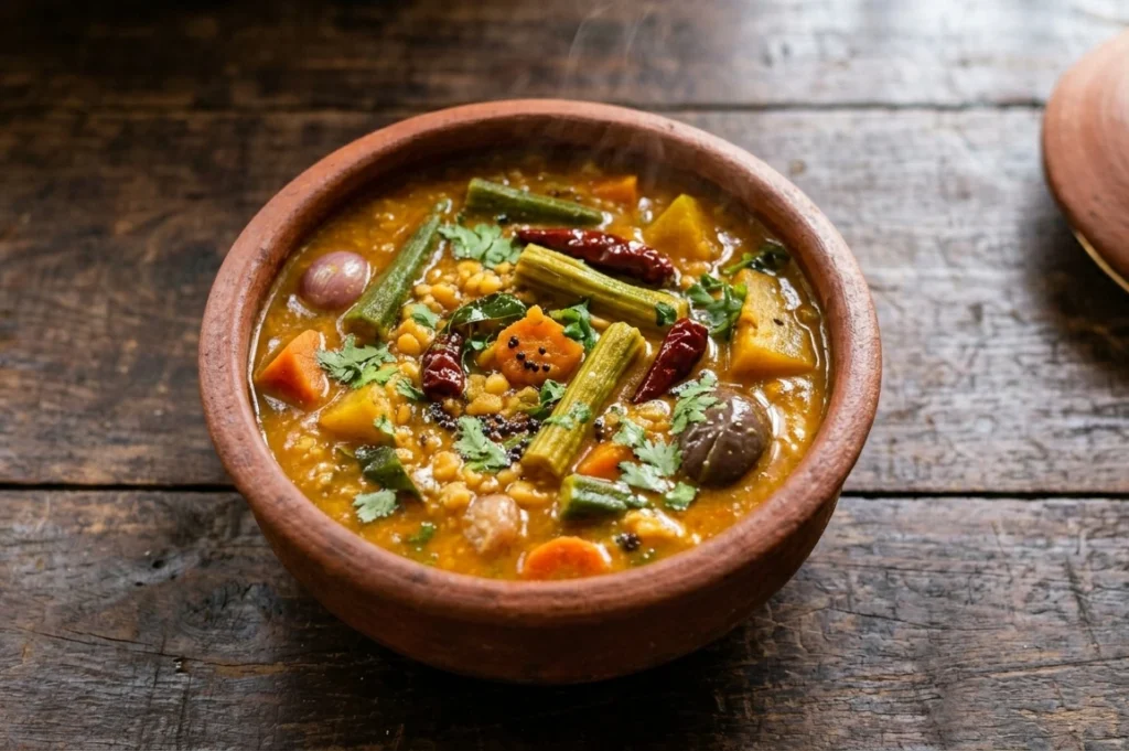 Traditional South Indian sambar with vegetables and toor dal served in a bowl 