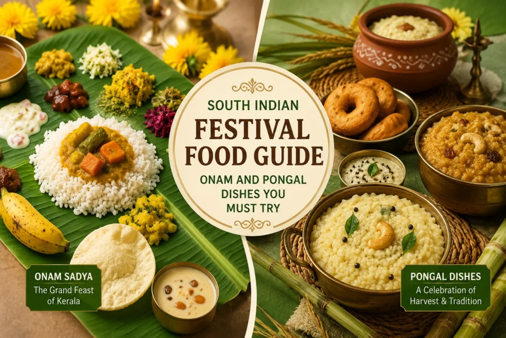 Onam Sadya and Pongal dishes with traditional South Indian festival food